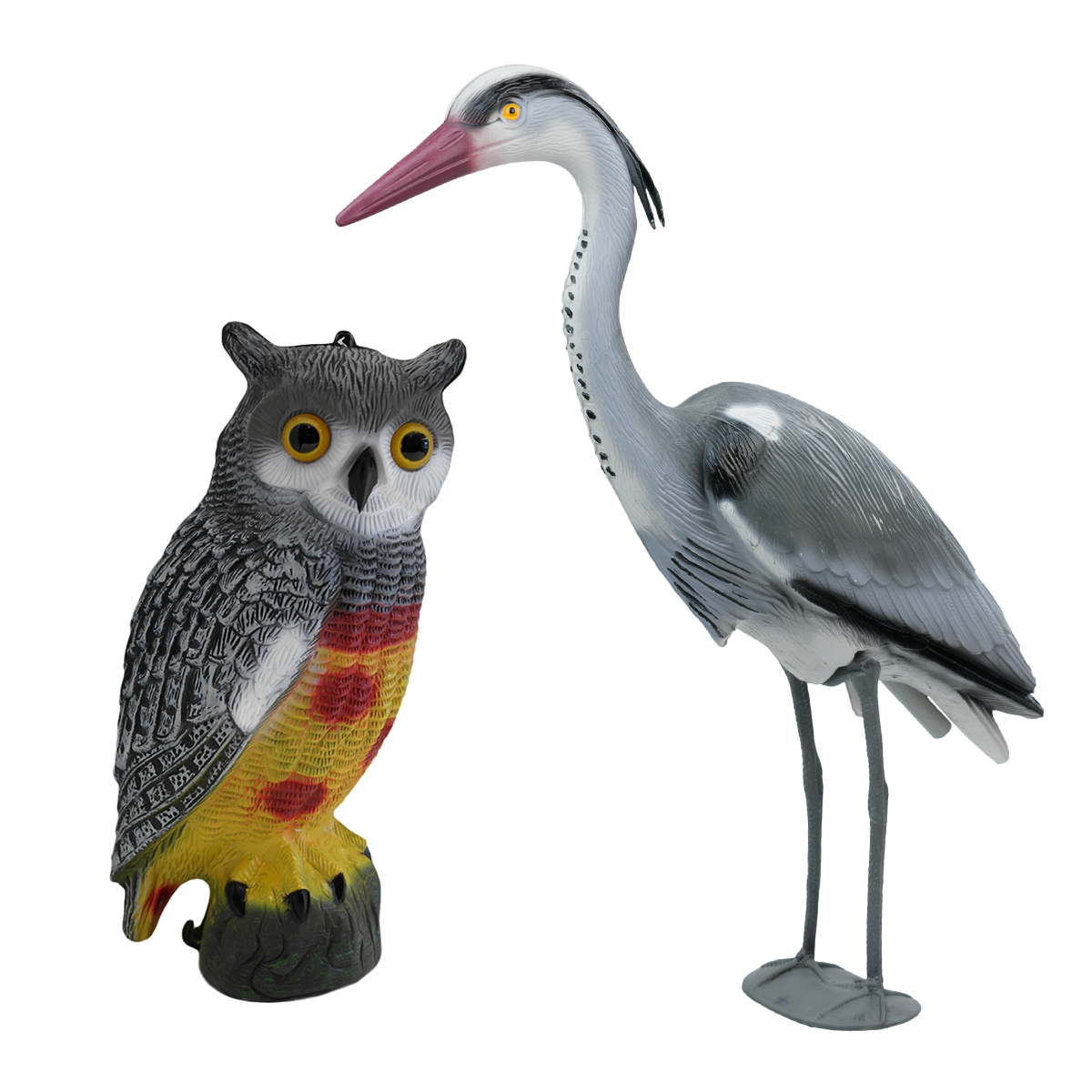 TWIN PACK POND DECOY REALISTIC OWL AND HERON PEST DETERRENT SCARER KOI CARP FISH