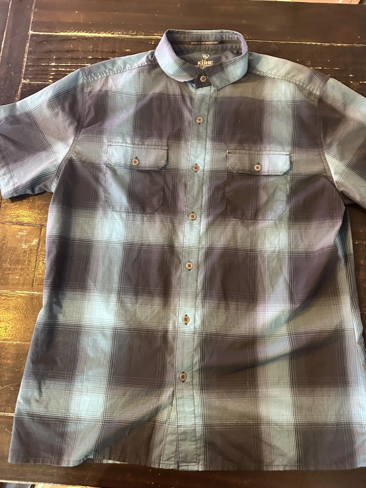 Kuhl Shirt Mens L Short Sleeve Plaid Button Up Outdoor Hiking Lightweight EUC