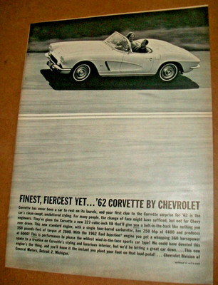 1962 Chevy CORVETTE mid-size-mag car ad- ''Finest, Fiercest yet''