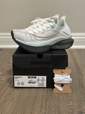 Saucony Endorphin Elite 2 (womens 8.5, mens 7); Fog/Cinder; NEW- never worn. 