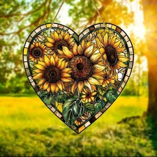 Sun Catcher Stained Glass Acrylic Sunflower Heart Window Hanging Wall Decor