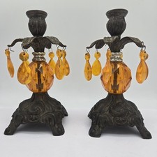 Vtg Pair Hollywood Regency Candle Stick Holders Orange Amber Teardrop Prisms 8"