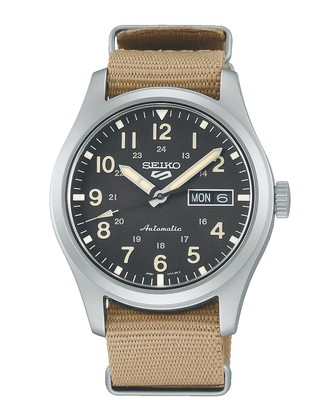 Seiko 5 Sports Herrenuhr schwarzes Zifferblatt und khakifarbenes Armband SRPG35K1