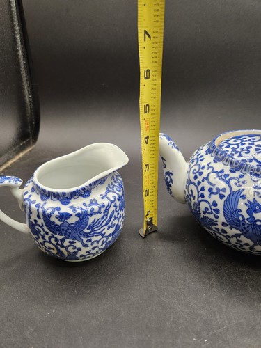 VTG. Porcelain Phoenix Teapot & Creamer Blue/White Japan - Picture 9 of 11