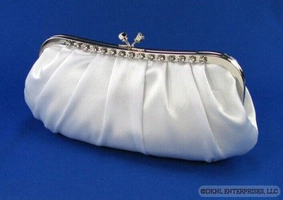 White Satin Pleats Shoulder Chain Clutch Rhinestones Evening Purse NEW