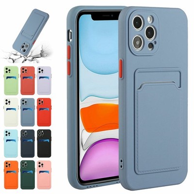 For iPhone 15 14 13 12 11 XR 8 7 Pure Color Credit Card Slot TPU Back Case Cover