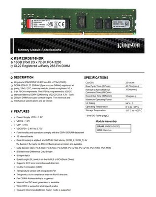 Kingston KSM32RS8/16HCR 16GB DDR4  ECC Registered RDIMM 3200 CL 22  NEW RETAIL
