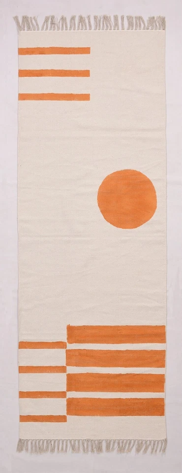 Orange Cotton Area Rug, Boho Accent Modern Cotton Dhurrie Handmade Rug, Door Mat - Image 2 of 4