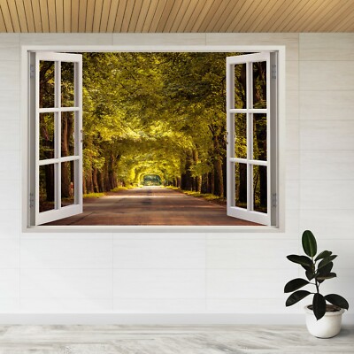 Leere Straße Herbst Dschungel Natur 3D Fenster Blick Wandaufkleber Poster Aufkleber A23