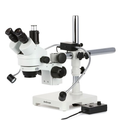 Amscope 7X-45X Trinocular Stereo Zoom Microscope on Boom +8W LED Dual Gooseneck
