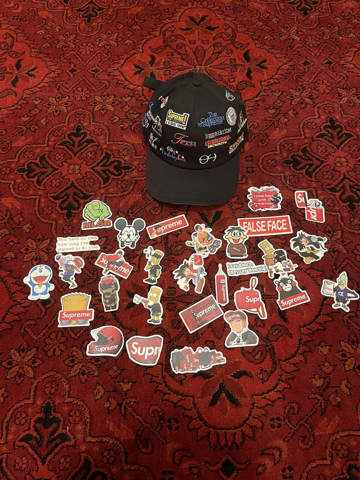 Chapeau panneau SUPREME SPONSORS + autocollants rares LV Luis V streetwear skate USA
