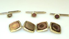 VINTAGE CARVED DARK MOTHER OF PEARL MOP CUFFLINKS STUDS TUXEDO SET IN ORIG BOX