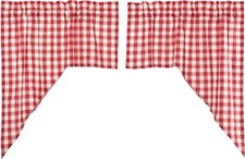 Red & White Buffalo Check Window Swag Set Cotton Lined Country Farmhouse Annie