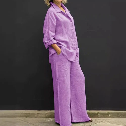 Damen Baumwolle Leinen Anzug Hemd Lockere Hose Set Langarm Freizeit Sets Sommer - Bild 5 von 32