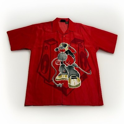 Vintage Y2K DJ Graphic Button Up Loop Collar Shirt Red XL