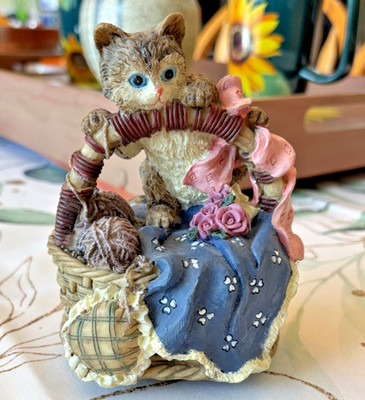 My Favorite Things Cat in yarn basket music box resin figurine