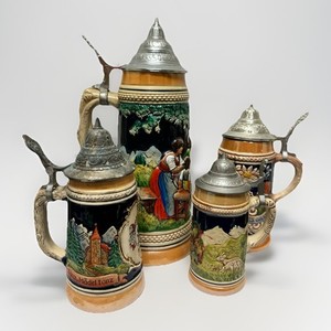 Vintage Lot 4 German Beer Steins Pewter Lids West Germany Assorted Sizes