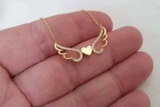 1 Ct Round Cut Simulated Women Heart Wings Necklace 14k Yellow Gold Plated