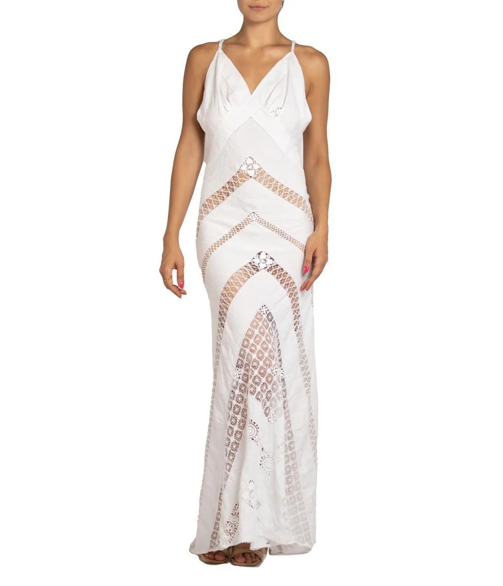 Morphew Atelier White Antique Linen Bias Cut Gown With Detachable Train / Cape