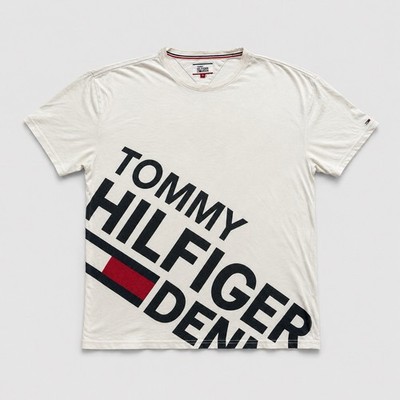 Tommy Hilfiger Denim T-Shirt Off-White Big Logo Print Herren Gr. S Top