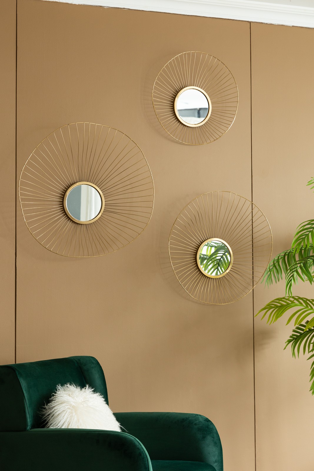 Set of 3 Wall Mirror Abstract designed Wall mirrors with Gold Frame