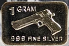 1 Gram .999 Fine Silver Art Bar Ingot. 45 1911 Gun. Fun & Unique Way To Invest.