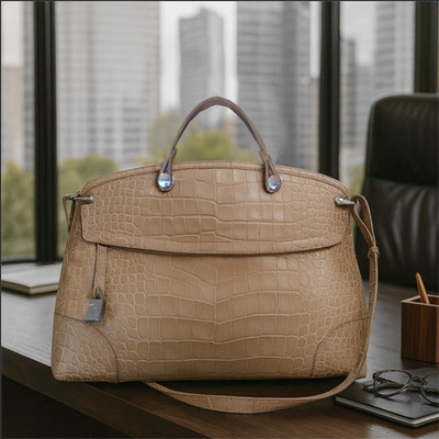 NEW FURLA Piper Beige Croc Embossed Leather Satchel/Tote/Shoulder