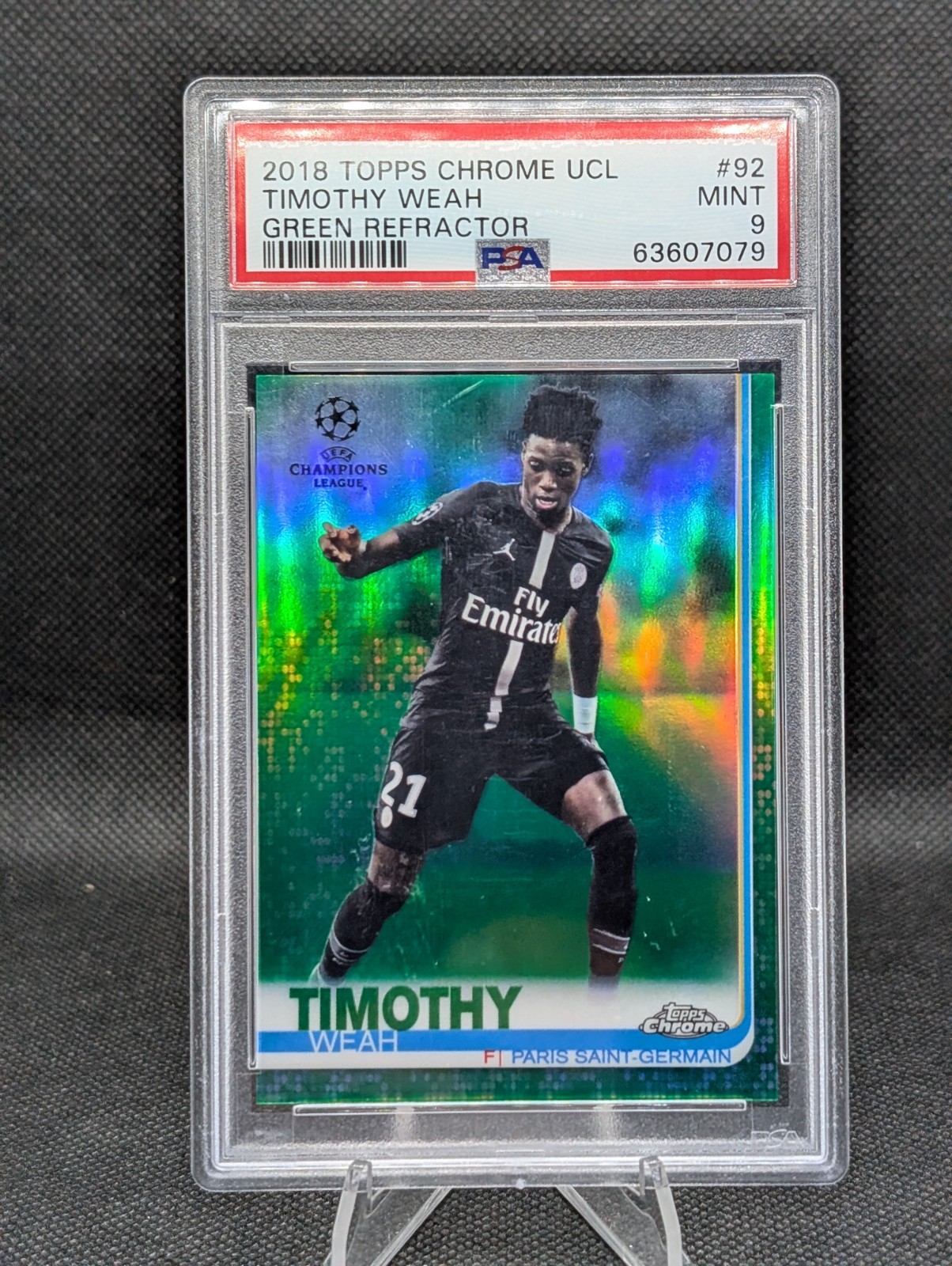 2018-19 Topps Chrome UCL Green Refractor /99 Timothy Weah Card #92 RC PSA 9