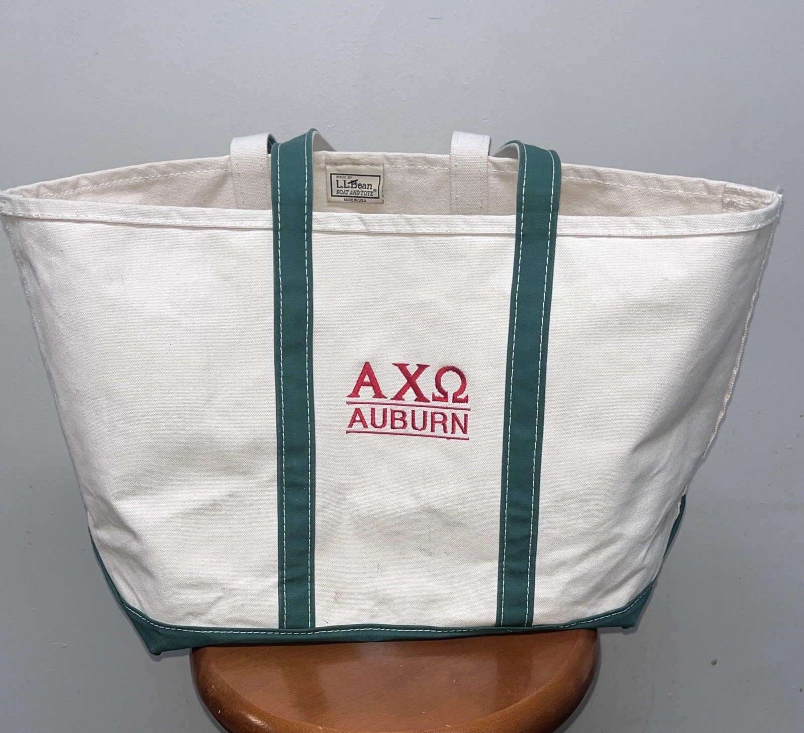 Vintage LL Bean Boat & Tote XL Bag Natural & Green Long Handles AXΩ Sorority