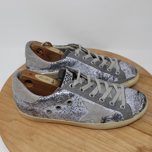 Golden Goose Superstar Schuhe Damen 37 Distressed Glitzer Silber Wildleder Sneaker