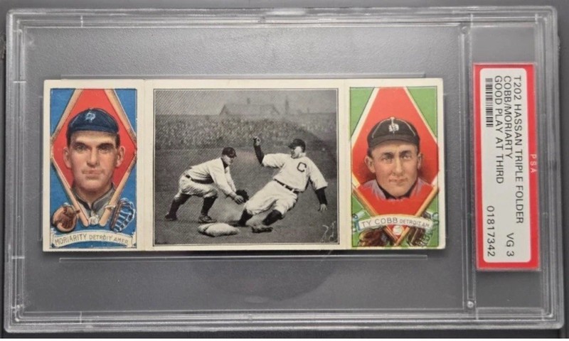 1912 T202 HASSAN TRIPLE FOLDER T. COBB/G. MORIARTY GOOD PLAY AT THIRD PSA VG 3