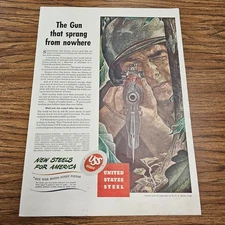1940s United States Steel WWII Ad • Marine Aiming Rifle • War Production Illustr