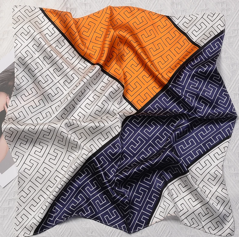 100% шелк шелковицы шарф 53 X 53 см женщин квадратный бандана оранжевый геометрические узоры - Изображение 2 из 4