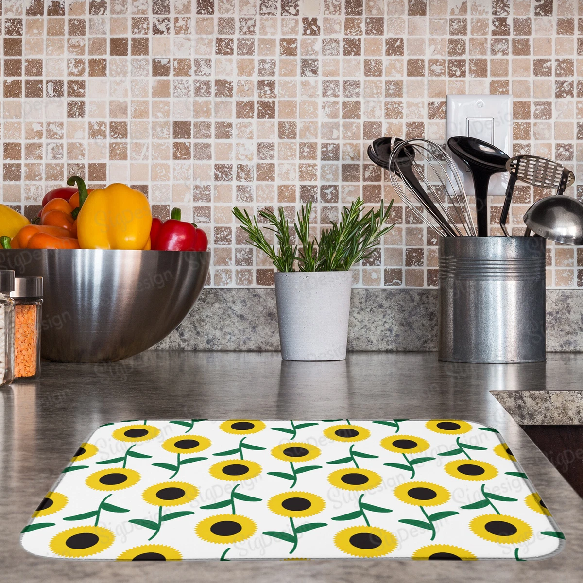 Yellow Green Sunflowers Dish Drying Mat, Floral Kitchen Counter