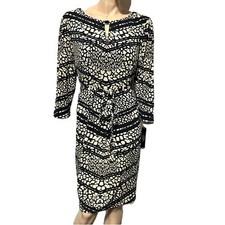 Tahari Arthur S. Levine Dress 3/4 Sleeve Tie Belt Printed Size 16 Keyhole NWT