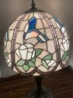 Vtg Large Tiffany Style Stain Glass Lamp Brass ￼Base Shade Hummingbird