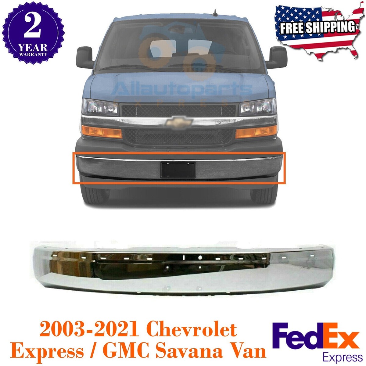 Front Bumper Chrome Steel For 2003 - 2021 Chevrolet Express / GMC