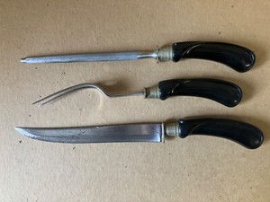 Vintage Flint Arrowhead Carving Set of (3) w/Black Bakelite Handles, 11.5"-14"L