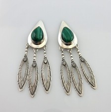 Southwestern One of a Kind Sterling Silver Malachite Post Feather Earrings