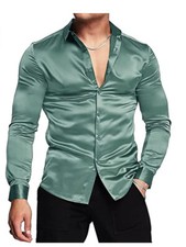 Men Fashion Button Up Shirt Silky Luxury Long Sleeve Solid Down Dress Ultra Soft