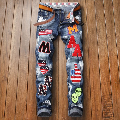 Para hombres pantalones de mezclilla carta Bordado Parche Jeans Pantalones  Vaqueros destruidos rasgada | eBay