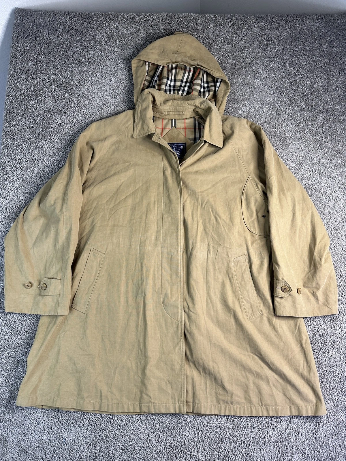 Cappotto Burberrys vintage uomo grande marrone con cappuccio foderato a quadri trench giacca antipioggia anni 90