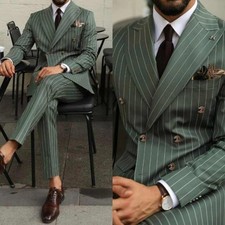 Men's Striped Suits 2 Pieces Slim Fit Double Breasted Wedding Best Groom Jacket
