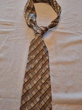 Geoffrey Beene men's silk necktie tan w/ black and light blue stripes