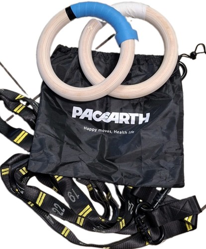PACEARTH Wooden Gymnastic Rings Set Numbered Straps Carabiners Gym Drawstring...