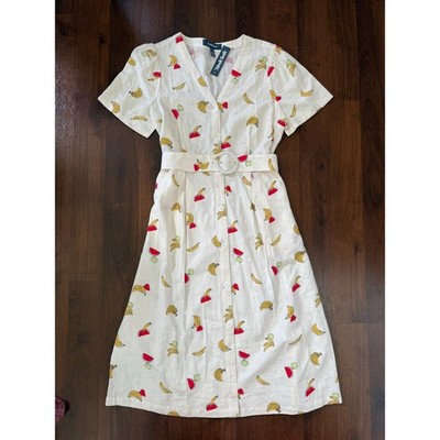 ModCloth NWT The Sweetest Blend Belted Linen Dress Fruit Print Sz 10 Playful