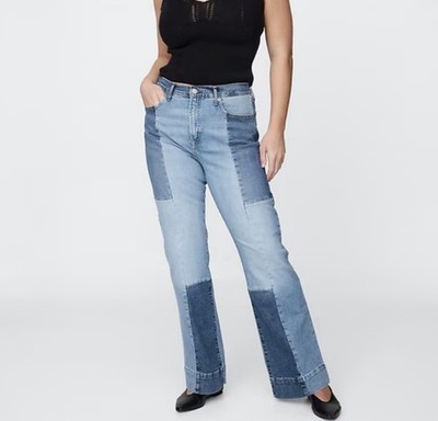Gap Jeans Highrise 70 s Flare Patchwork Sz 34/18R Stretch Two Tone Denim Boho