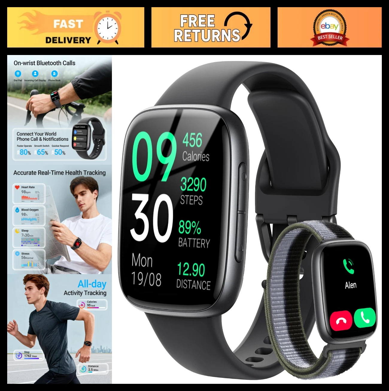 1.85" AMOLED Smart Watch Fitness Tracker, Bluetooth Call, Heart Rate/Sleep Monit