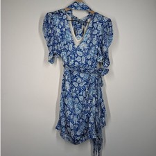 Hemant and Nandita Suho V-Neck Mini Dress Size Small Blue Paisley Preowned