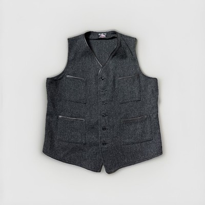 VTG Johnson Woolen Mills Grey Herringbone Wool Vest Leather Trim Mens Large USA